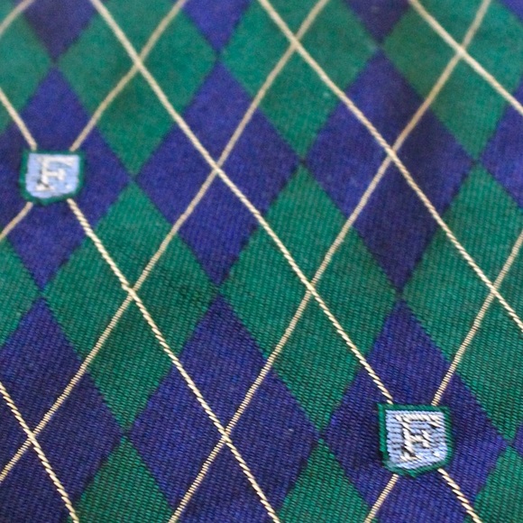 FACCONABLE MENS TIE GREEN NAVY ARGYLE VINTAGE 100% SILK MADE IN FRANCE - Picture 5 of 7